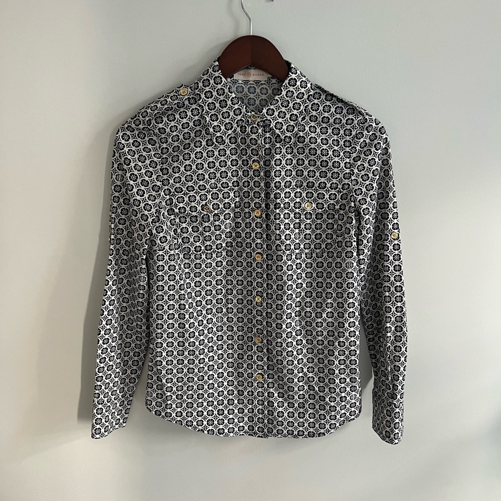 Tory Burch button down shirt with a print, size 2, never worn.